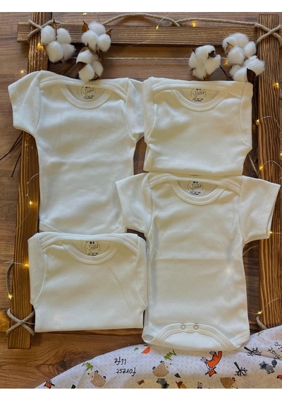 Betül Bebek Kısa Kollu 4'lü Organik Pamuk Çıtçıtlı Bebek Body & Zıbın 4 Adet Ekru