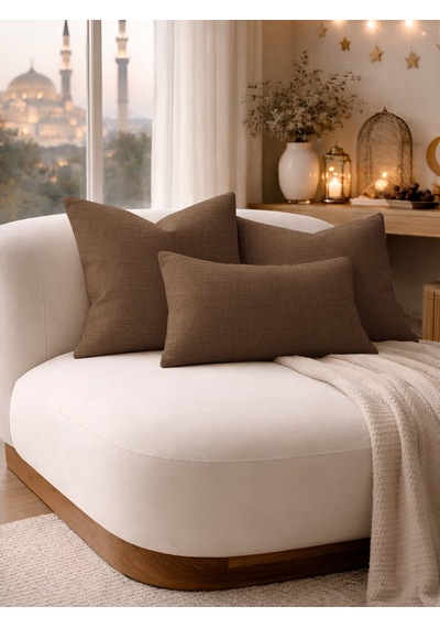 Br Perle Sütlü Kahverengi Keten Dokulu Dekoratif Kırlent Kılıfı Modern Salon Koltuk Yastığı
