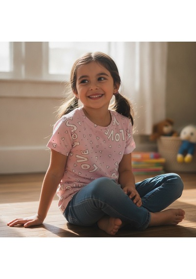 Bonbon Kız Çocuk Pamuklu Baskılı Pembe Renk Tshirt Cb1036