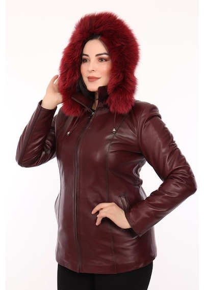 Hakiki Kuzu Derisi Kürklü Ceket Kadın Bordo Kışlık Suya Dayanıklı Ceket Bordo
