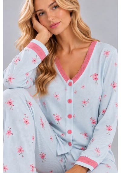 Pijamask Kadın Çiçek Ve Kelebek Desenli V Yaka Düğmeli Uzun Kollu Kaşkorse Pijama Takımı Mavi