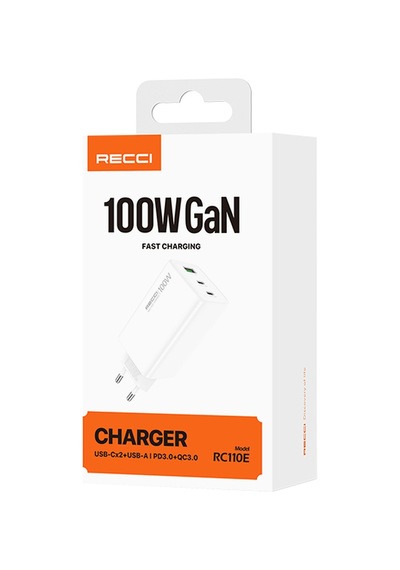 Recci Rc110e Type-c Pd & Usb-a Gan Teknolojili Qc3.0 Hızlı Ev Şarj Başlığı 100w Beyaz