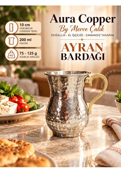 Aura Copper Ayran Bardağı 200 Ml Dövme Kulplu Su Meşrubat Bardağı Gümüş