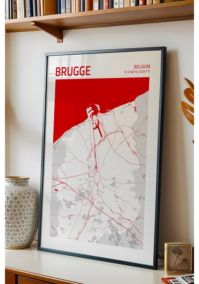Brugge Belçika Belgium Haritası Çerçeveli Tablo Lüks Salon Ofis Duvar Dekorasyonu Hediyelik Tablo