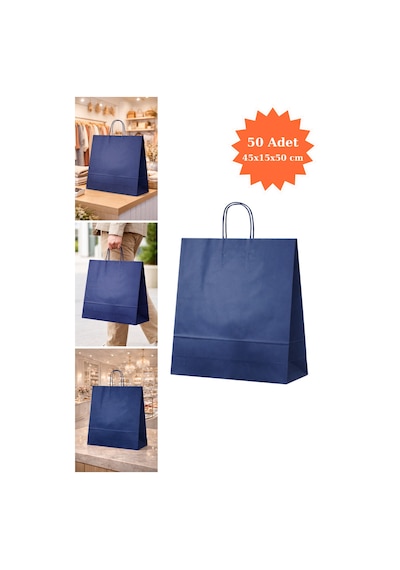 Elit Burgu Saplı Kraft Çanta Mavi Fsc Sertifikalı Kağıt Poşet Butik Hediye Torbası 45x15x50 Cm 50li
