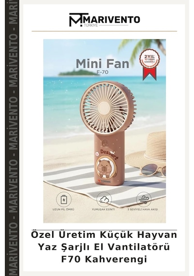 Özel Üretim Küçük Hayvan Yaz Şarjlı El Vantilatörü F70 Kahverengi