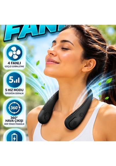 4 Fanlı Bıçaksız Boyun Fanı 5 Hız Modlu, 360 Hava Çıkışlı Ve Usb Şarjlı