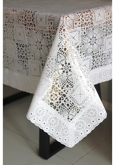 120x150 Cm Dantel Kenar Pvc Muşamba Masa Örtüsü Karemotifdantel-13 Beyaz