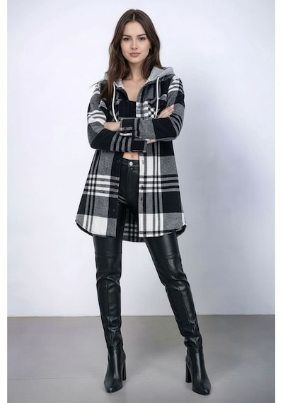 Mamayaga Kadın Desen Bloklu Oduncu Oversize Geniş Kalıp Casual Cepli Kapüşonlu Uzun Boy Ceket Gömlek Siyah Beyaz