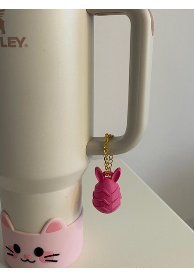 Sevimli Tavşan Quencher Termos Bardak Aksesuarı Zincirli Dekoratif Süs Pembe