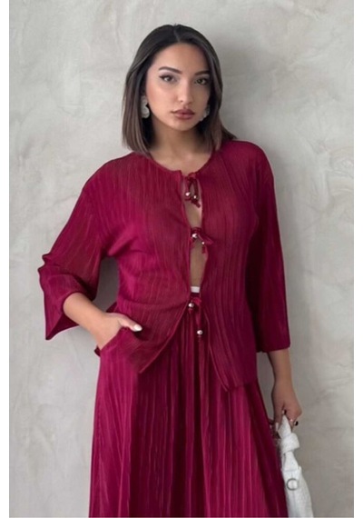 Verymoda Önden Bağlamalı Plise Gömlek - F1739 Bordo