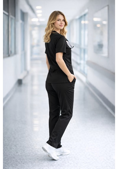 Likralı Hemşire Doktor Forması Premium Belinda Soft Kumaş Scrubs Hastane Üniforması Cerrahi Takım Siyah