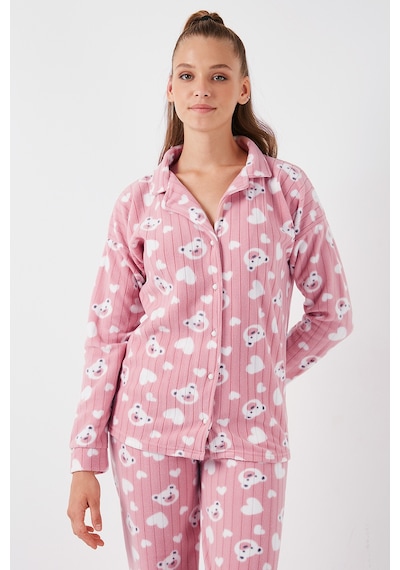 Lela Standart Fit Düğmeli Polarlı Bayan Pijama Takımı 6095617 Pudra