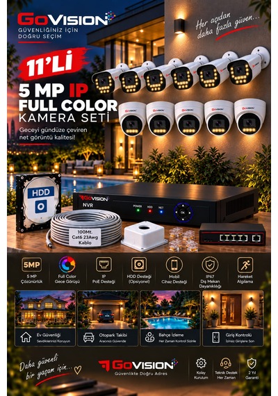 Go Vision 11'li Güvenlik Dome Bullet Ip Kamera Seti - 3.6mm Lens, H.265, Poe, Warm Led Gece Görüşlü