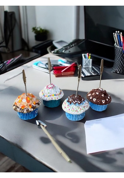 4'lü Mavi Tonları Cupcake Muffin Çikolata Kremşanti Süslü Hediyelik Ofis Masası Tutacak Renkli