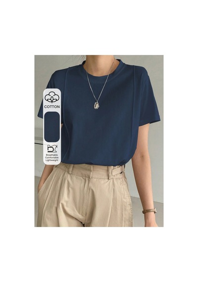 Cool Tarz Kadın Basic Ön Çizgi Detaylı Bisiklet Yaka Tişört Rahat Kalıp Günlük T-shirt Lacivert Lacivert