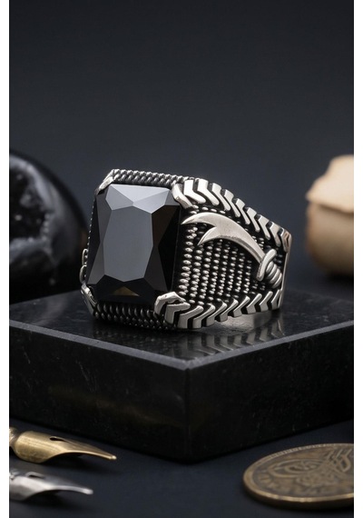 Zülfikar Hz. Ali'nin Kılıcı Kare Tasarımlı 925 Ayar Gümüş Yüzük Siyah Zirkon Taşlı 903023