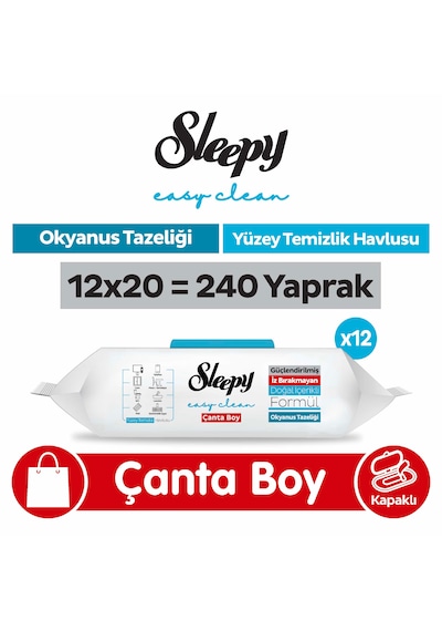 Sleepy Easy Clean Okyanus Tazeliği Yüzey Temizlik Havlusu Çanta Boy 12x20 240 Yaprak Beyaz