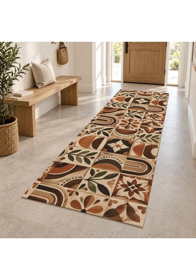 Kartela Halı Kahve Terakota Kahve Kiremit Koridor Mutfak Yolluk Halısı Kaymaz Taban 100x300 Cm