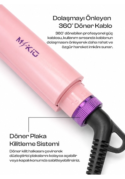 Mkio 100-230°C Ayarlanabilir Isı Seramik Plaka 360° Döner Kablo Saç Düzleştirici 54W Hızlı Isınma Dijital Ekranlı Isı Ayarlı Seramik Saç Düzleştirici