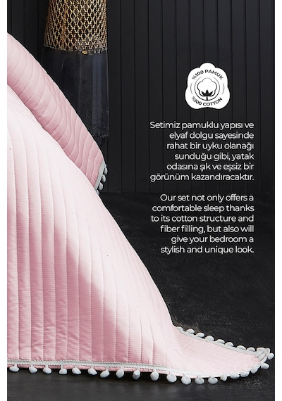Evlen Home Collection Ponponlu Çift Kişilik %100 Pamuk Yatak Örtüsü Pike Takımı Pudra