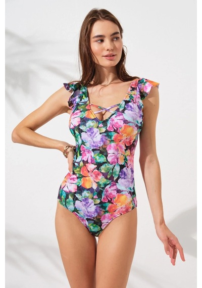 Pierre Cardin Fıjı Kol Fırfır Detaylı Carpraz Bantlı Askılı Mayo Violette