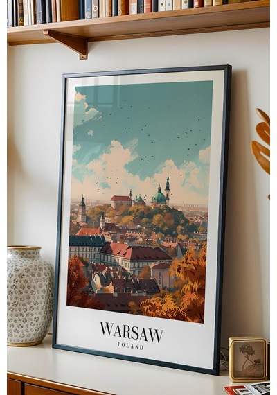 Warsaw Poland Vintage Seyahat Posteri Çerçeveli Tablo - Premium Varşova Elit Duvar Dekoru Siyah