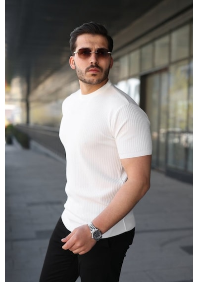 Efnaz Style Erkek Bisiklet Yaka Petek Dokulu Kısa Kollu Triko Tişört Beyaz