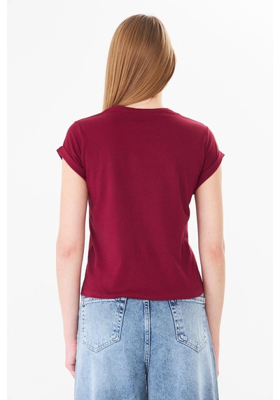 Sortie Collection Dantel Cepli Yazı Baskılı Katlama Kollu Tshirt Bordo