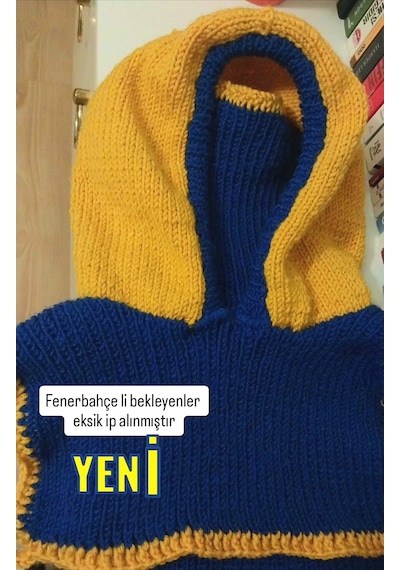 Kemzey Handmade El Yapımı Balaklava, Örgü Şapkalı Boyunluk , Yünlü Şapka Sarı - Lacivert