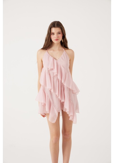 Holly Lolly Fırfırlı Boyundan Bağlamalı Mini Lea Elbise Pembe