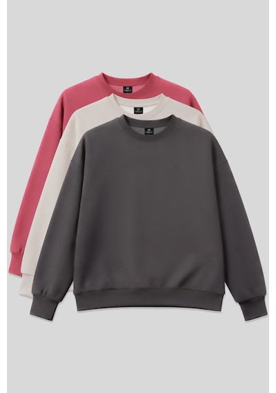 Basic Oversıze O Yaka 3lü Paket Koyu Gri-bej- Yaban Gülü Kadın Sweatshirt - 97053 Gri - Mor