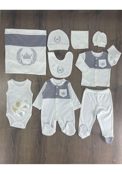 Bebicix Yenidoğan Organik Pamuk Nakış İşlemeli Lacivert Erkek Bebek Hastane Çıkışı 10 Lu Set Beyaz