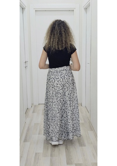 Lodmela Bel Lastikli Kloş Şifon Etek 6003-beyaz/siyah Beyaz/siyah Beyaz - Siyah