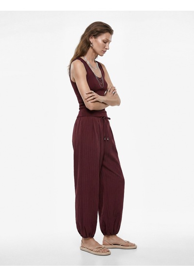 Koton Koton X Melis Ağazat - Modal Kumaş Cepli Çizgili Harem Pantolon Bordo 6sak40195pw