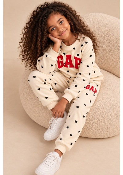 Noble Kids Kız Çocuk Kalp Baskılı Eşofman Takımı Ekru Krem