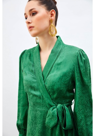 Sateen Jakarlı Asimetrik Elbise - Yeşil-132602 Yeşil