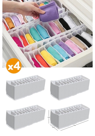 Esti 4 Adet - 11 Gözlü Çekmece Içi Akordiyon Organizer - Small 11 X 41 X 12 Gri - Beyaz