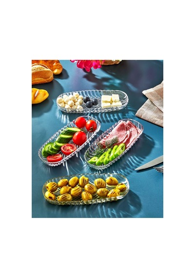 6 Adet Cam Oval Balık Sırtı Çerez Meyve Meze Sunum Tabağı Kahvaltı Sunum Kayık Tabak Şeffaf