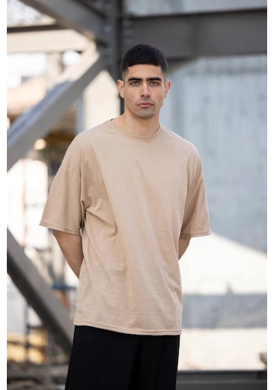 Erkek Düz T-shirt Kısa Kol Bisiklet Yaka Regular Fit Rahat Kalıp Günlük Tişört - Bej Bej