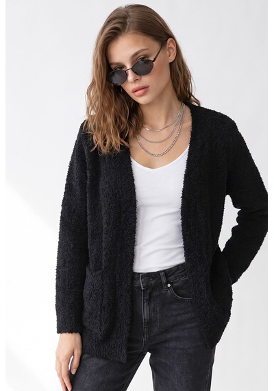 Mixray 7069 Kadın Buklet Dokulu Cepli Oversize Triko Hırka Siyah