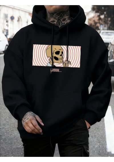 Startmore Startmorethe Skull Under Consideration Kapüşonlu Üst Erkek Sonbahar Sıcak Gevşek Sweatshirt Günlük Pol Siyah