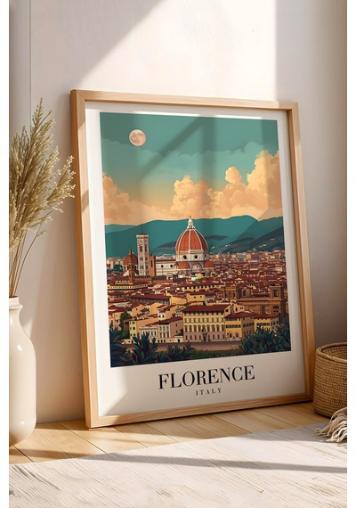 Florence Italy Vintage Seyahat Posteri Çerçeveli Tablo - Premium Floransa Elit Duvar Dekoru Kayın