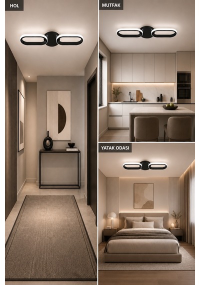 Hilton 2'li Led Plafonyer Avize Beyaz Işık Siyah