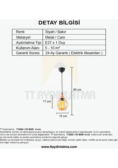Tt209-1-Sy Tt Aydınlatma Basık Camlı Siyah - Bakır Tekli Avize