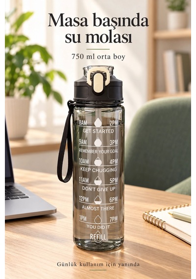 Madamev 3lü Motivasyonel Suluk Matara Seti 2000+750+280ml Pipetli Sticker Askılı Spor Okul Su Şişesi Siyah
