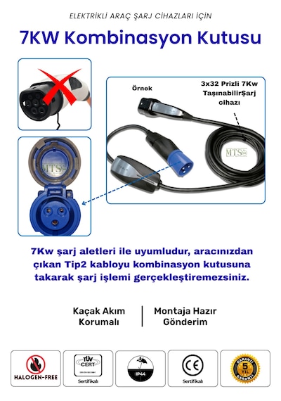 7.4kW Monofaze Himel Kombinasyon Kutusu 3x32A Tesla Mavi Adaptör Uyumlu Kaçak Akım Röleli