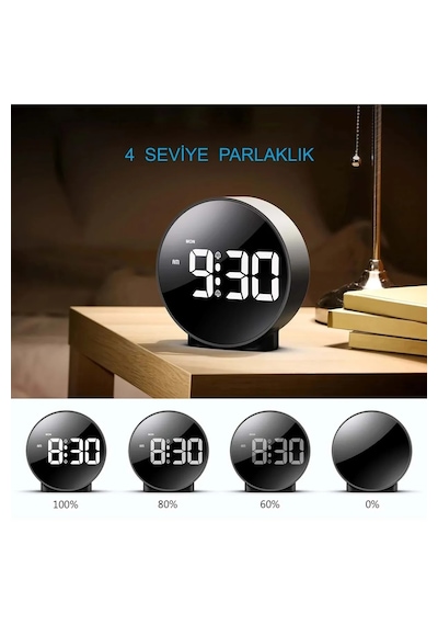 Monozone Dekoratif Yuvarlak Siyah Dijital Led Masa Saati Usb