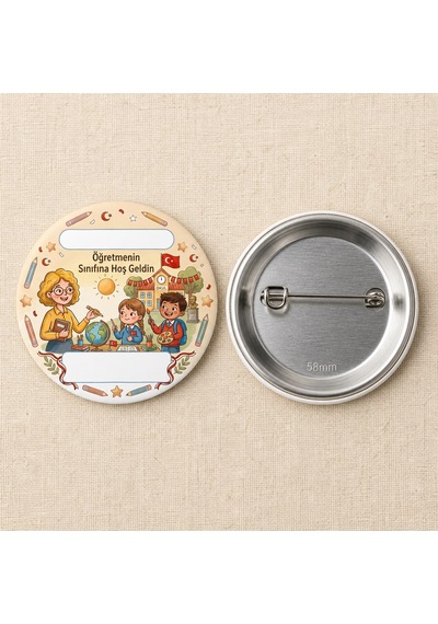 Fikart Öğretmeninin Sınıfına Hoş Geldin - Konfetili - Okul Ve Öğrenci Temalı 58mm İğneli Metal Buton Rozet Çok Renkli