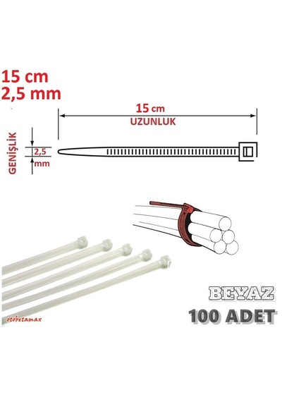 100 Adet 15cmx2.5mm Beyaz Plastik Cırt Kelepçe Kablo Bağı